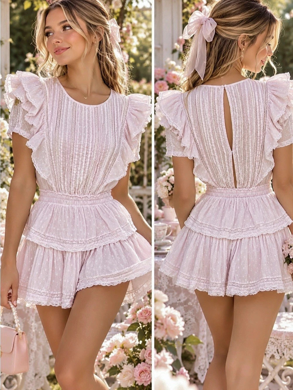LoveShackFancy Pink Cotton Eyelet Ruffle Mini Dress XS